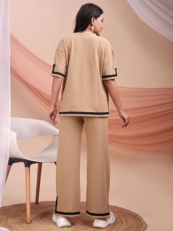 Women's Beige Contrast Trim Co-ord Set – Stylish Top & Trouser Combo