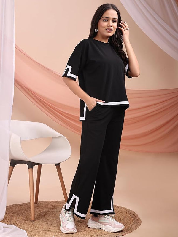 Women's Elegant Black Two-Piece Cord Set – T-Shirt & Trouser Combo