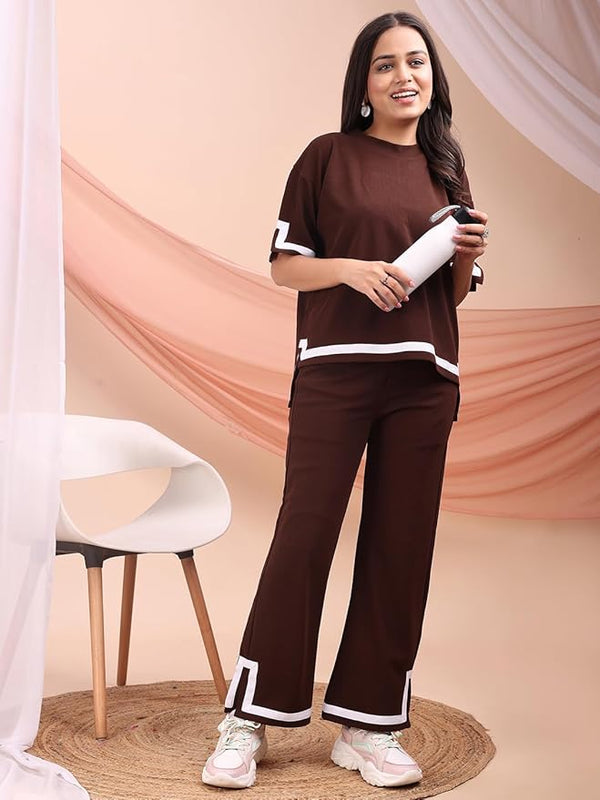 Women's Brown Contrast Trim 2-Piece Co-ord Set – T-Shirt & Trouser Combo