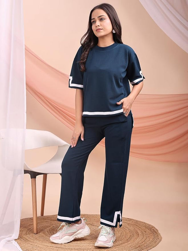 Women's Navy Blue Contrast Trim Co-ord Set – Casual T-Shirt & Trouser Combo