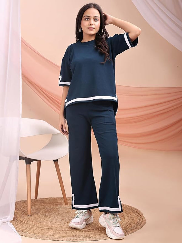 Women's Navy Blue Contrast Trim Co-ord Set – Casual T-Shirt & Trouser Combo
