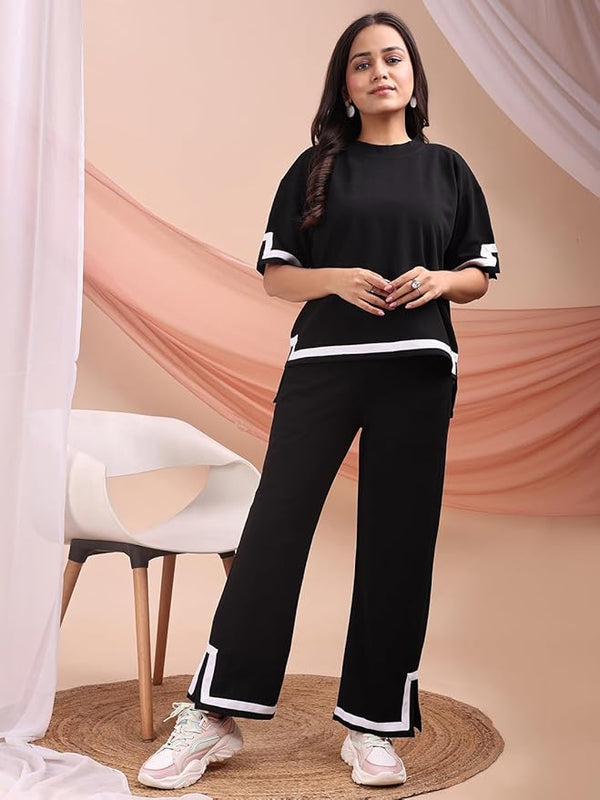 Women's Elegant Black Two-Piece Cord Set – T-Shirt & Trouser Combo