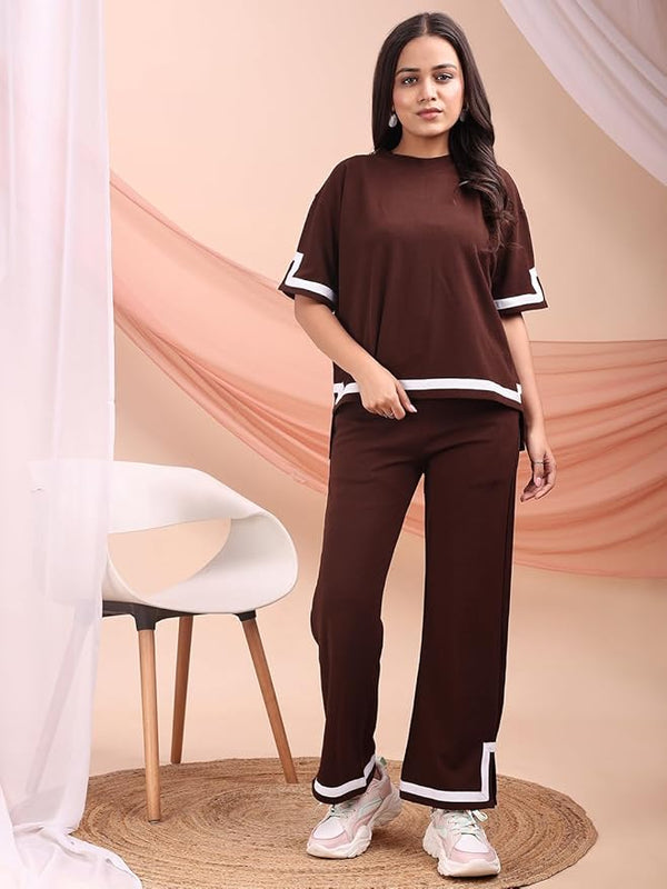 Women's Brown Contrast Trim 2-Piece Co-ord Set – T-Shirt & Trouser Combo