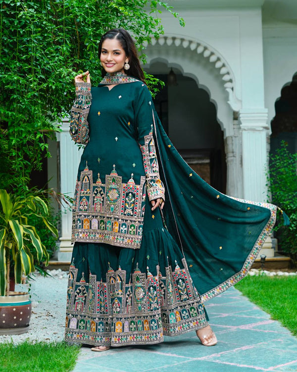 Party Wear Teal Green Color Silk Embroidery With Coding Dori And Sequence Work Palazzo Suit