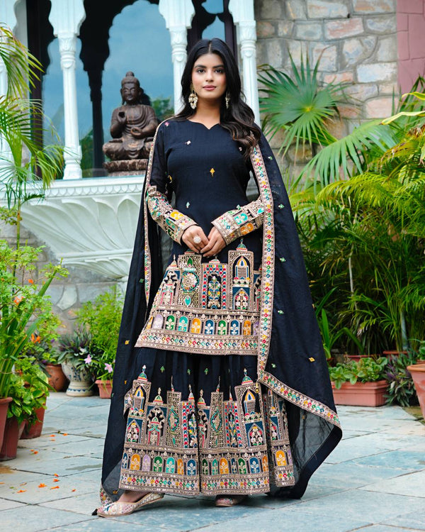 Party Wear Black Color Silk Embroidery With Coding Dori And Sequence Work Palazzo Suit