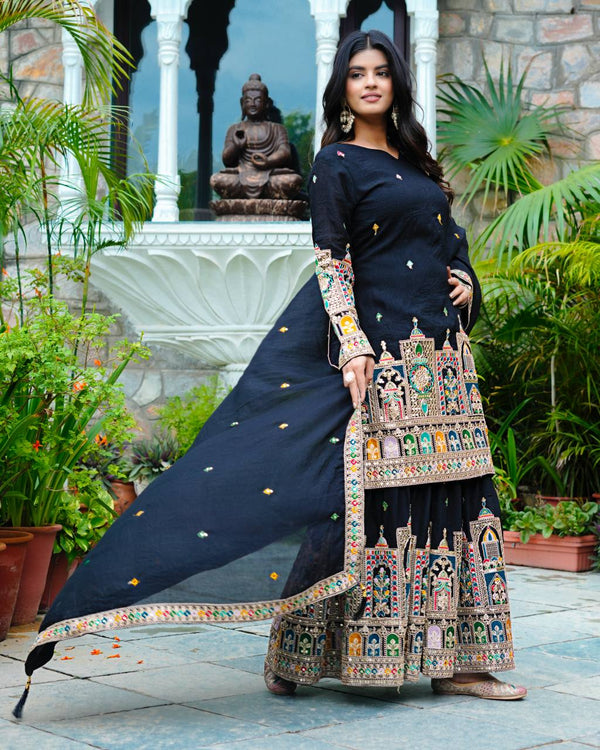 Party Wear Black Color Silk Embroidery With Coding Dori And Sequence Work Palazzo Suit