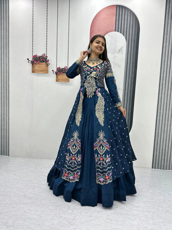 Teal Blue Color Vichitra Silk Crop Top Peacock Design Lehenga with Embroidered Shrug
