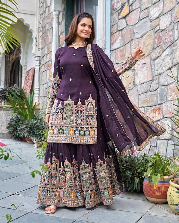 Wine Embroidered Chinon Silk Salwar Kameez With Dupatta