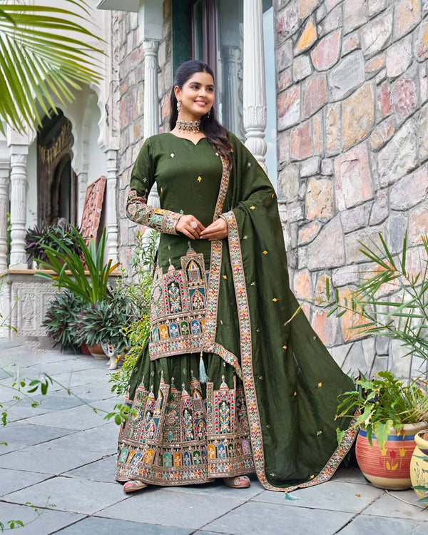 Wedding Wear Green Color Embroidery With Coding Dori And Sequence Work Palazzo Suit