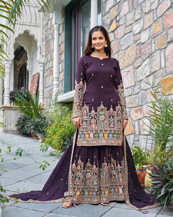 Wine Embroidered Chinon Silk Salwar Kameez With Dupatta