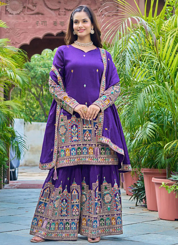 Elegant Chinon Purple Trendy Palazzo Salwar Suit