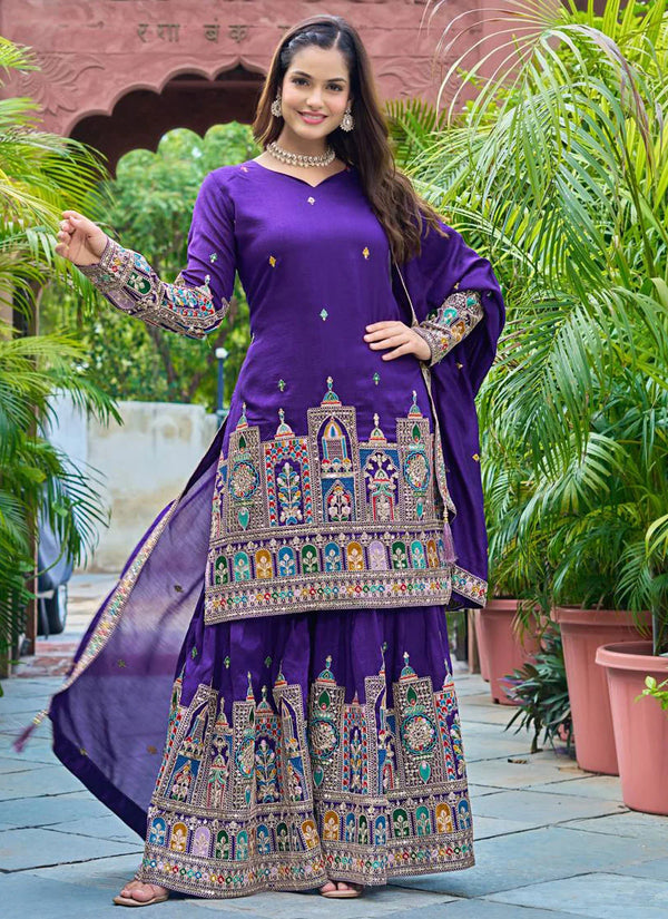 Elegant Chinon Purple Trendy Palazzo Salwar Suit